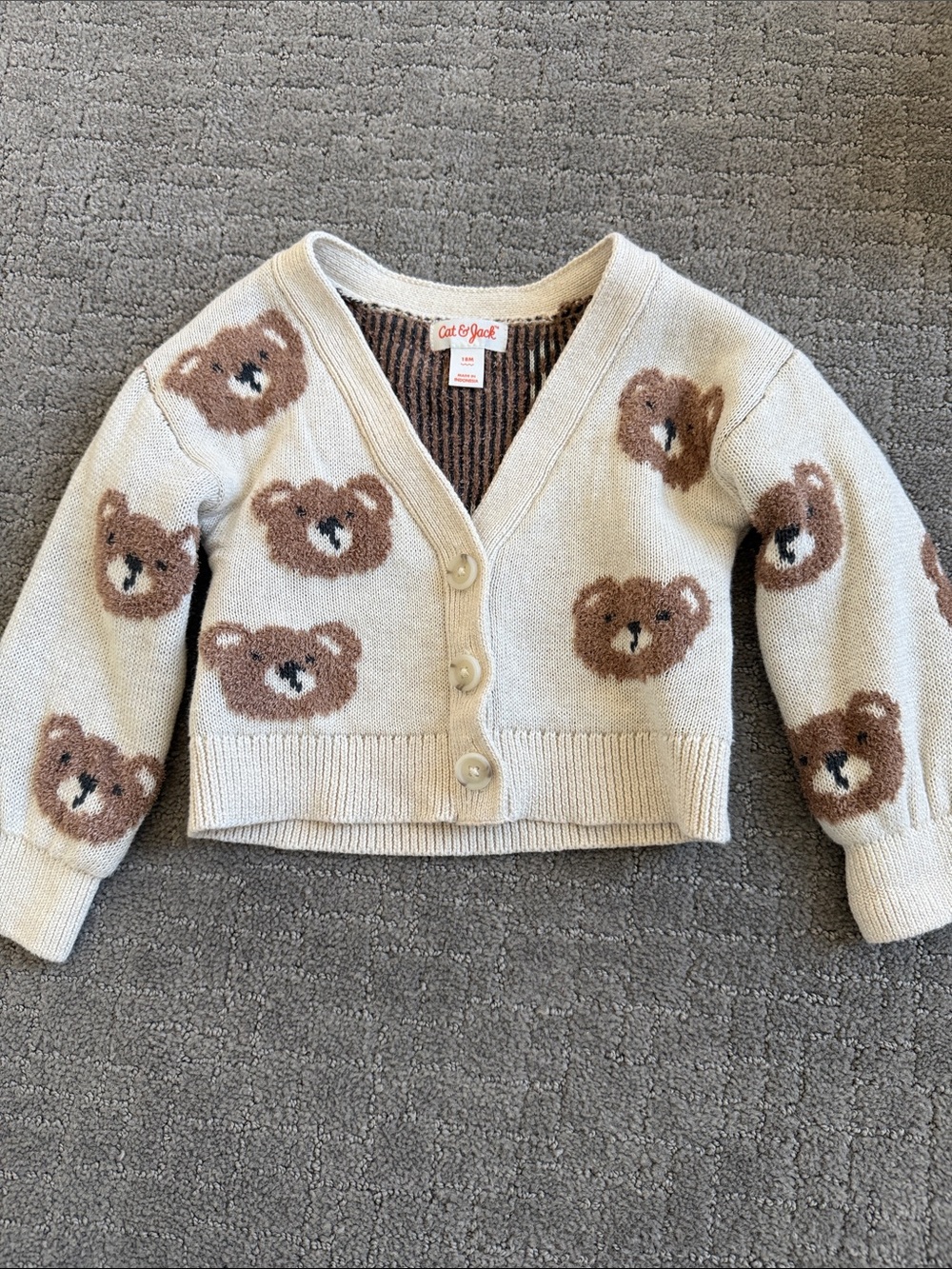 Cat & Jack Cream Cropped Cardigan with Brown Bear Faces